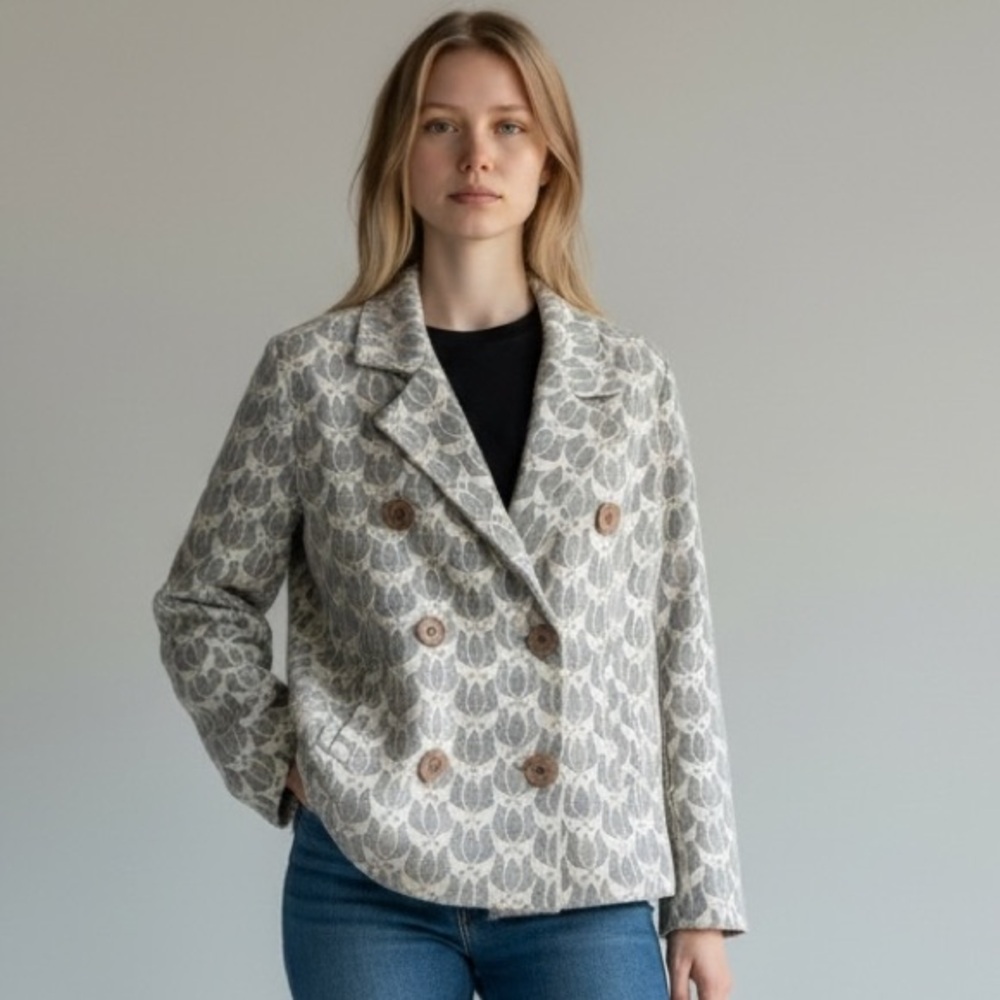 Vintage Y2K Fossil Women's Wool Blend Insulated Gray Patterned Pea Coat Jacket